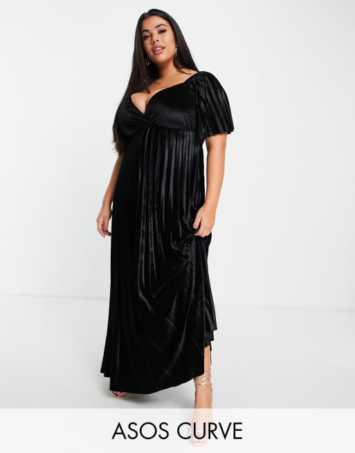 ASOS DESIGN Curve twist back empire waist pleated velvet maxi dress in black