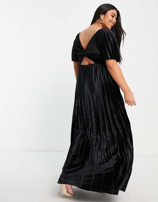 ASOS DESIGN Curve twist back empire waist pleated velvet maxi dress in black