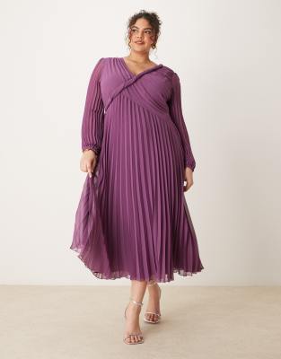 ASOS Curve ASOS DESIGN Curve twist detail wrap front pleated midi dress in purple-Multi