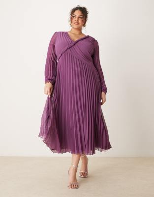 ASOS DESIGN Curve twist detail wrap front pleated midi dress in purple-Multi