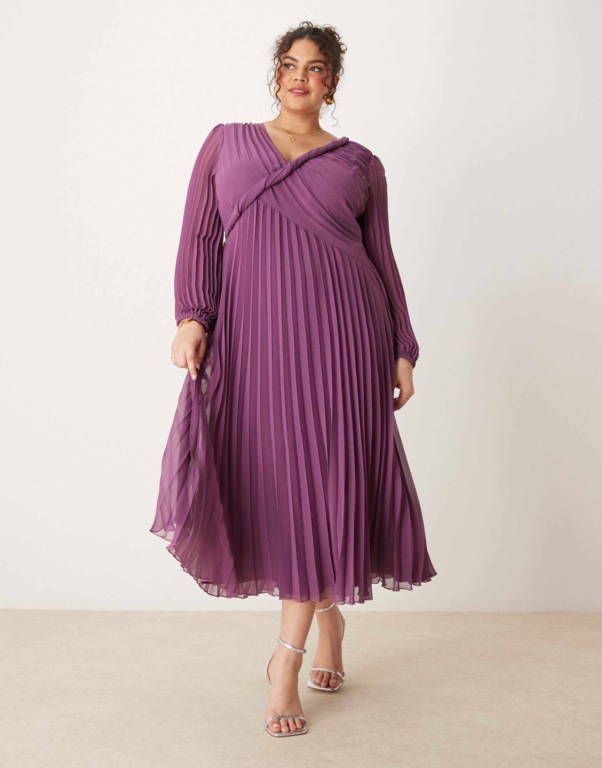 asos design curve twist detail wrap front pleated midi dress in purple