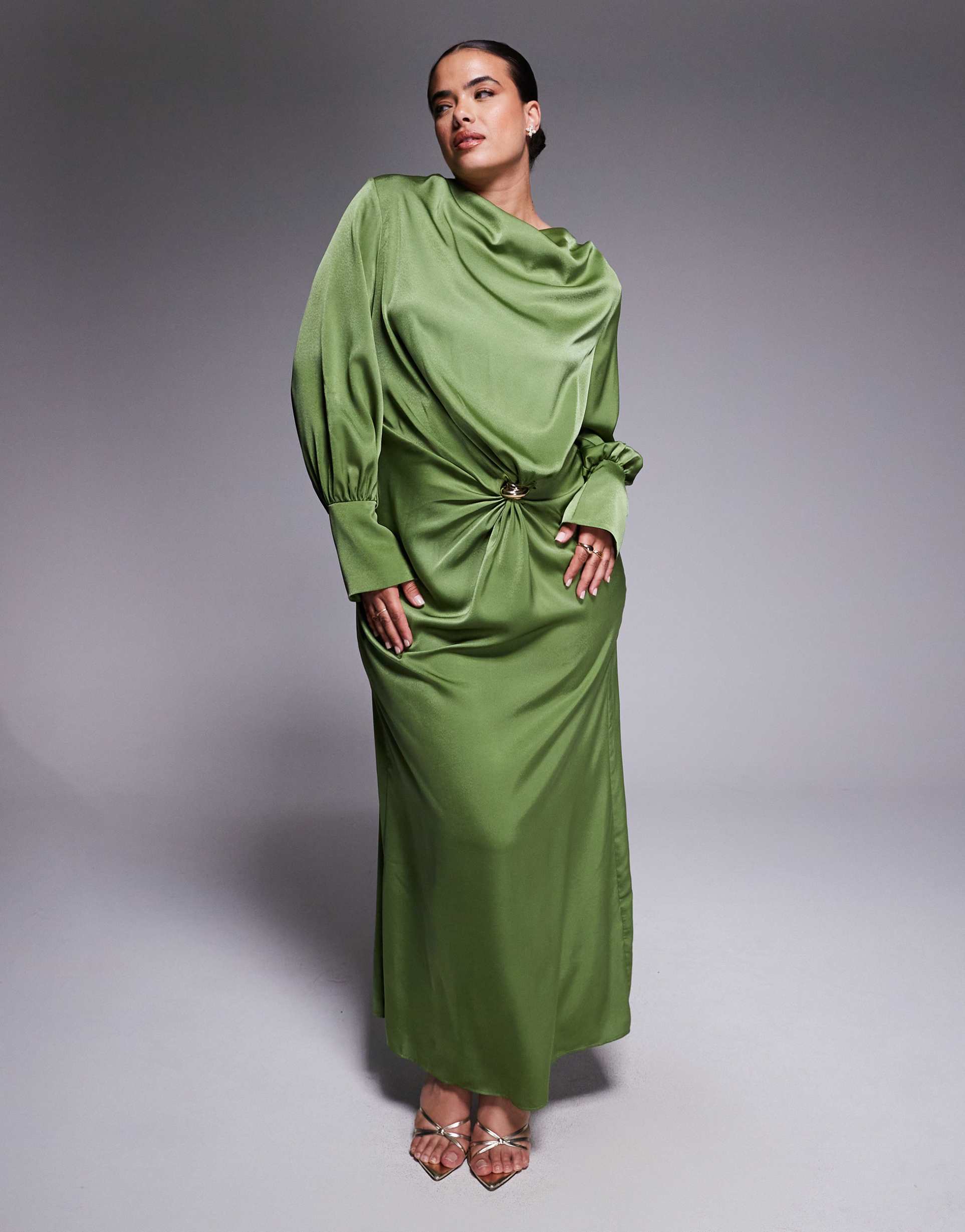 asos design curve twist front bias cut satin maxi dress with gold tone hardware in olive green