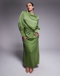 [ASOS Curve] ASOS DESIGN Curve twist front bias satin maxi dress with gold hardware in olive green 24 Green