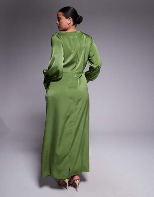 ASOS DESIGN Curve twist front bias satin maxi dress with gold hardware in olive green, 2 of 4