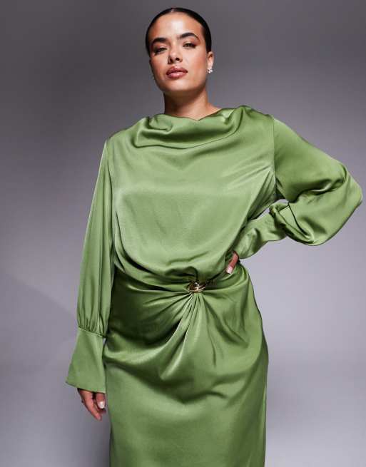 ASOS DESIGN Curve twist front bias satin maxi dress with gold hardware in olive green, 4 of 4