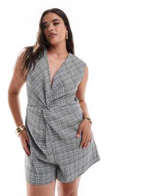 Asos Curve Asos Design Curve Twist Front Boucle Romper In Black And White Check-multi