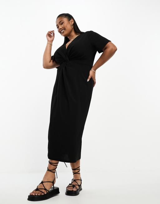 Asos Design Curve Twist Front Midi Dress With Short Sleeve In Black Asos 