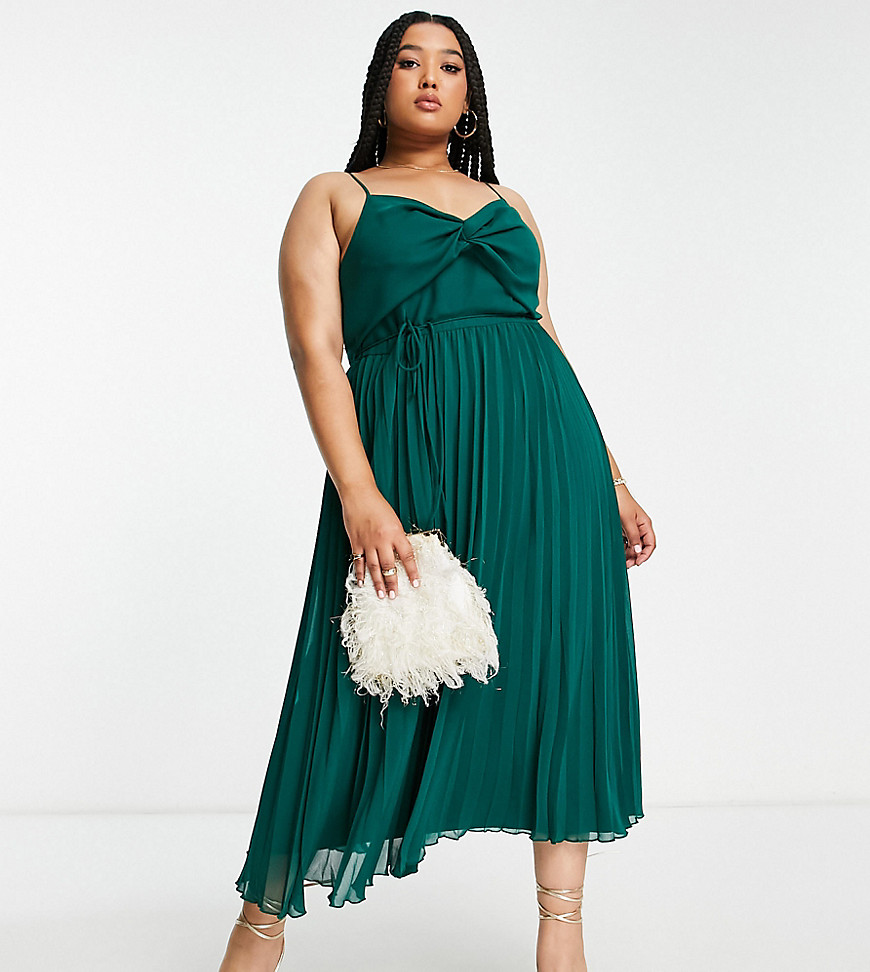 ASOS DESIGN Curve twist front pleated cami midi dress with belt in forest green