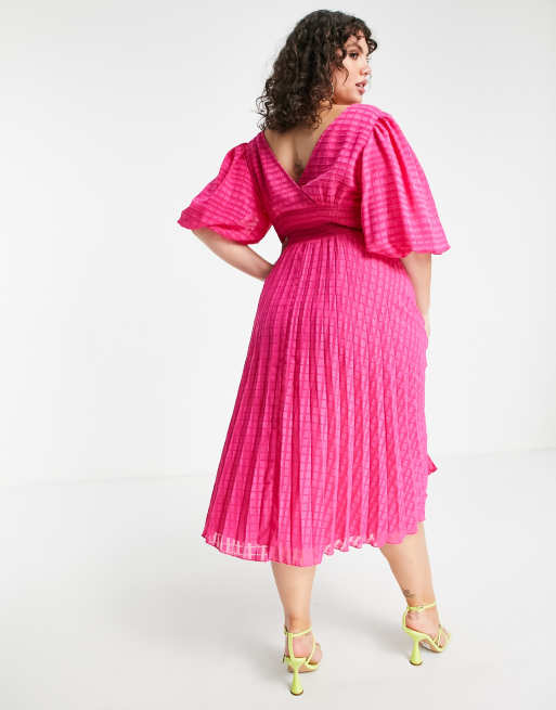 ASOS DESIGN Curve twist front pleated midi textured skater dress in hot pink