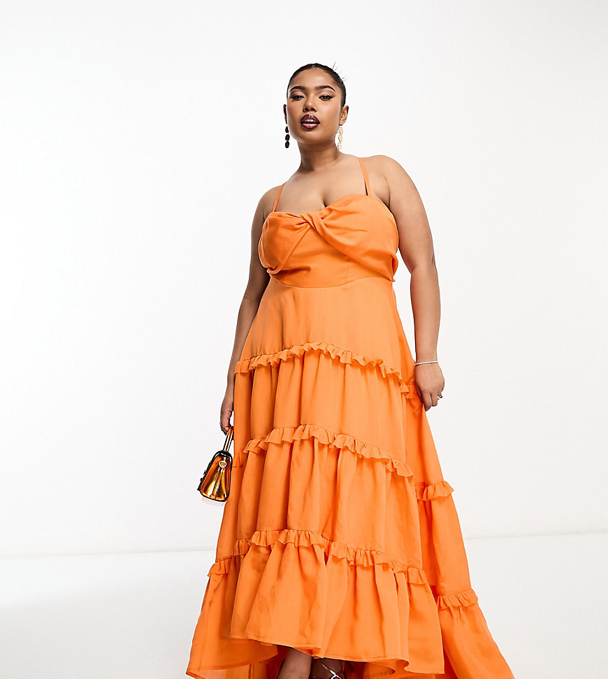 Asos Curve Asos Design Curve Twist Front Tiered Babydoll Voile Maxi Dress With Frills And Hi Low Hem In Orange
