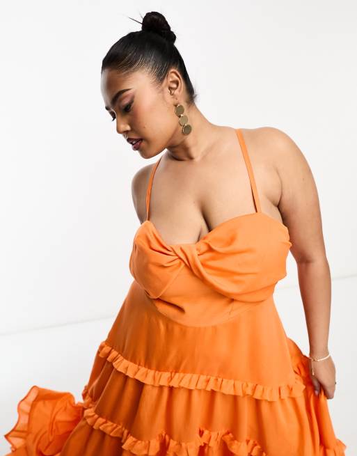 orange twist front dress ASOS DESIGN Curve twist front tiered babydoll voile maxi dress with frills  and hi low hem in orange
