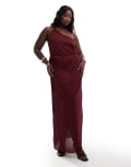 [ASOS Curve] ASOS DESIGN Curve twist one shoulder pleated maxi dress in berry-Red 22 Berry