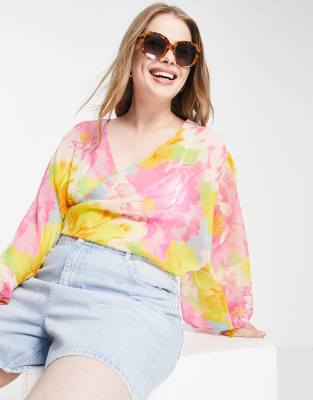 Asos Design Curve Twist Plunge Top In Bright Floral Print-Multi