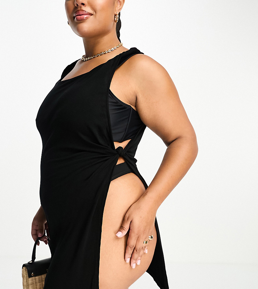 ASOS DESIGN Curve twist rib beach dress in black