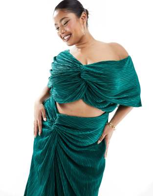 Asos Design Curve Two In One Fallen Shoulder Plisse Maxi Dress In Bottle Green