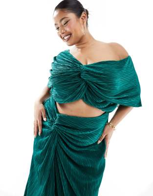 Asos Curve Asos Design Curve Two In One Fallen Shoulder Plisse Maxi Dress In Bottle Green