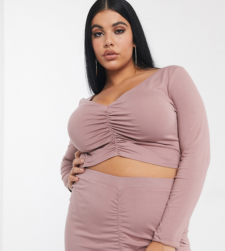 ASOS DESIGN Curve two-piece top with v-front and back and ruching in brown