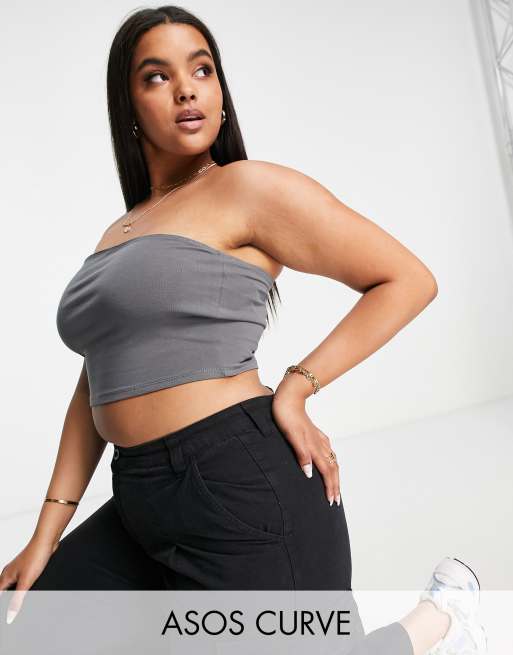 ASOS DESIGN Curve - Ultieme bandeau crop top van katoen in haaigrijs - GREY
