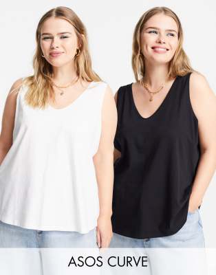 ASOS DESIGN Curve - Ultimate - 2er-Pack Baumwoll-Trägertops mit U-Ausschnitt - MULTI-Bunt