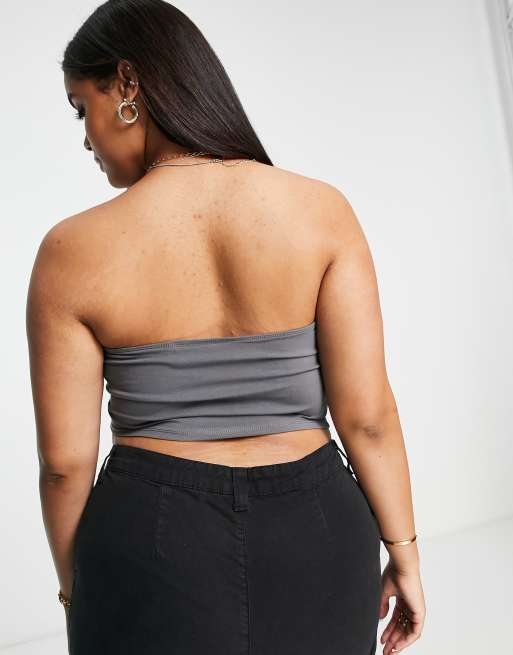ASOS DESIGN Curve ultimate bandeau crop top in cotton in shark grey - GREY, 4 of 4