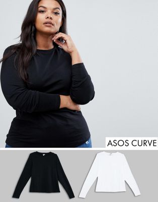 ASOS Design - Curve - Ultimate - BESPAREN met set van 2 tops met lange mouwen en ronde hals-Multi