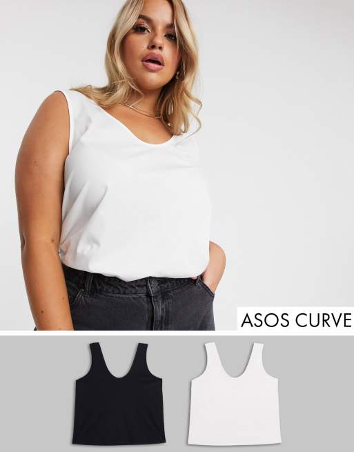 ASOS DESIGN Curve – Ultimate – Bomullslinne med djup halsringning, 2-pack SPARA – MULTI