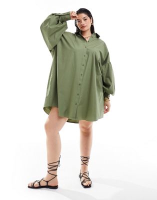 Asos Curve Asos Design Curve Ultimate Boyfriend Mini Shirt Dress With Volume Sleeve In Khaki-green