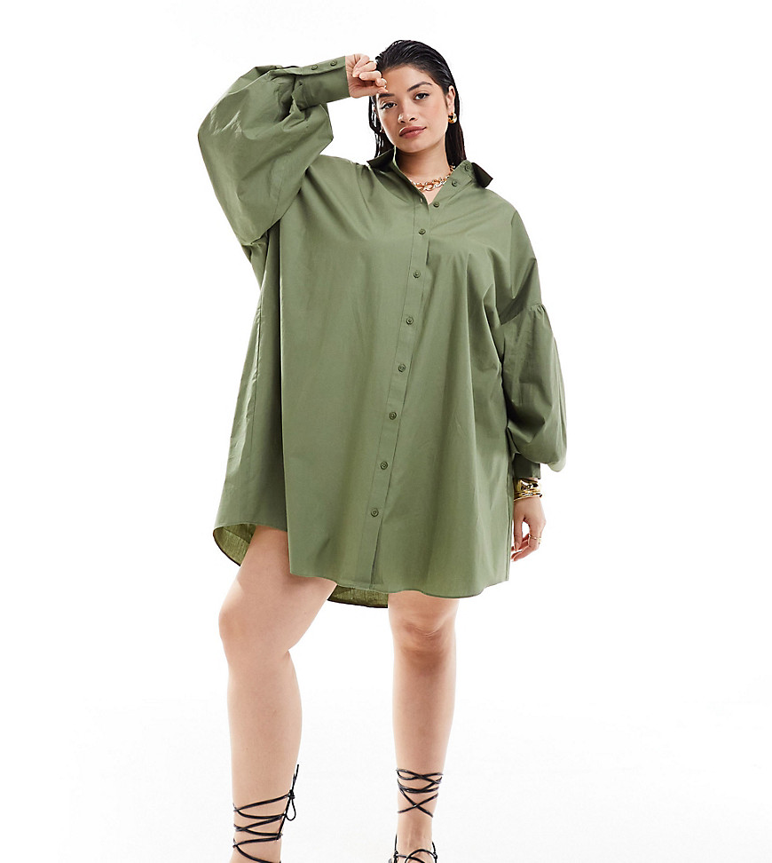 Asos Curve Asos Design Curve Ultimate Boyfriend Mini Shirt Dress With Volume Sleeve In Khaki-green
