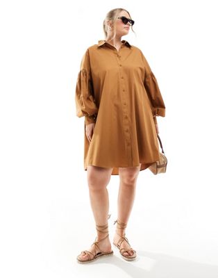 Asos Curve Asos Design Curve Ultimate Boyfriend Mini Shirt Dress With Volume Sleeve In Tan-multi