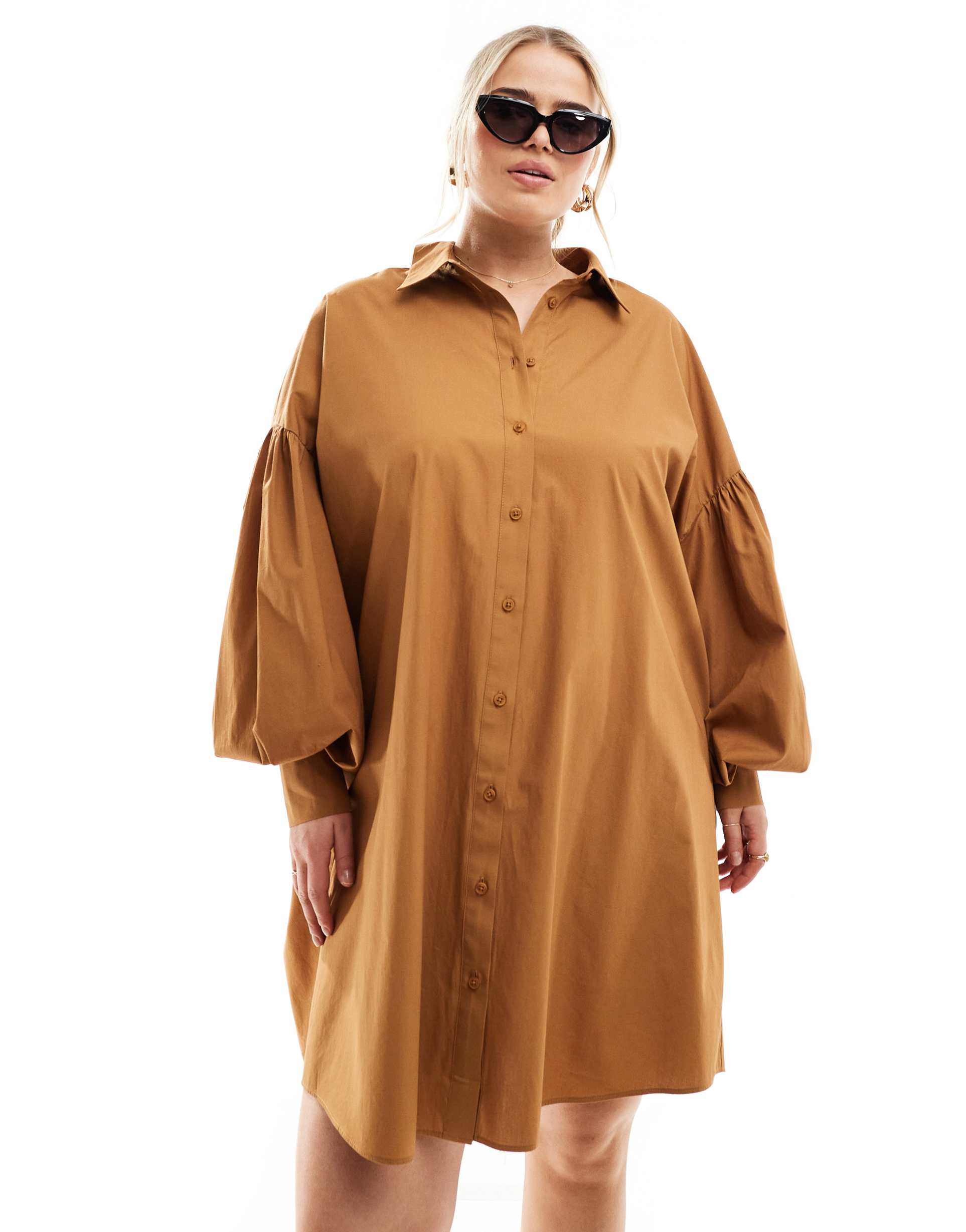 asos design curve ultimate boyfriend mini shirt dress with volume sleeve in tan