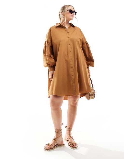 ASOS DESIGN Curve ultimate boyfriend mini shirt dress with volume sleeve in tan, 2 of 4