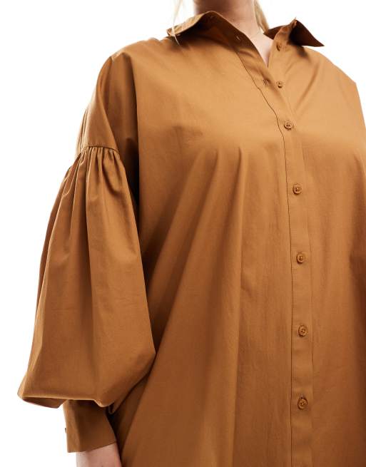 ASOS DESIGN Curve ultimate boyfriend mini shirt dress with volume sleeve in tan, 4 of 4