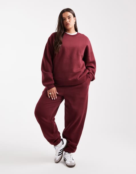 ASOS DESIGN Curve ultimate cuffed brushback trackies in burgundy - view 1