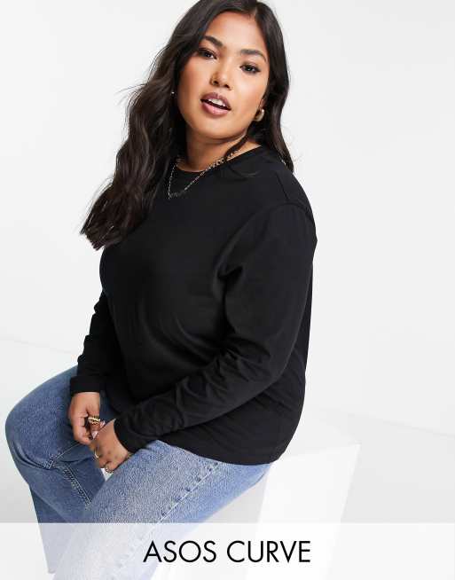 ASOS DESIGN Curve – Ultimate – Langärmliges Shirt aus Baumwollmix in Schwarz - BLACK