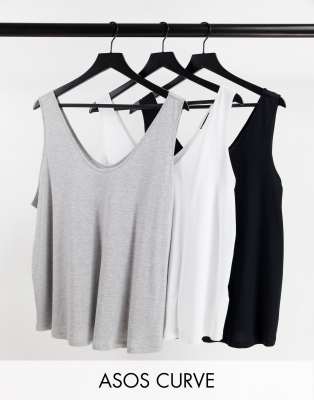 ASOS DESIGN Curve - Ultimate - Lot de 3 débardeurs en coton mélangé à encolure dégagée - Économie - MULTI