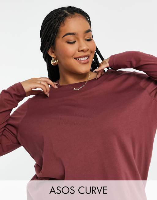 ASOS DESIGN Curve - Ultimate - Maglietta a maniche lunghe in misto cotone bordeaux - BURGUNDY