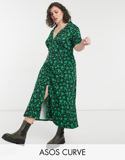 ASOS DESIGN Curve – Ultimate – Midi-Freizeitkleid in Schwarz mit grünem Blumenmuster