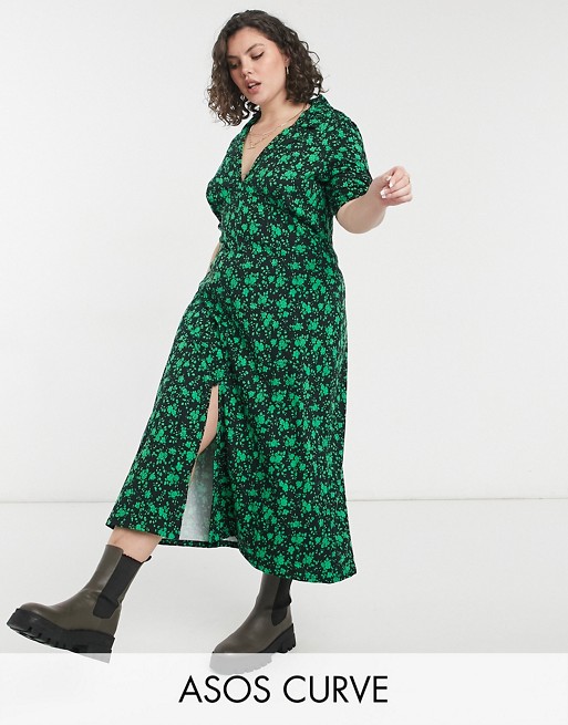 ASOS DESIGN Curve ultimate midi tea dress in black and green floral print
