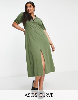 Asos Design Curve Ultimate Midi Tea Dress In Khaki-Green