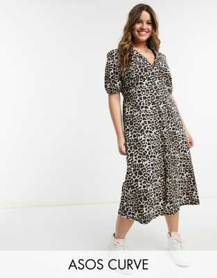 ASOS DESIGN Curve ultimate midi tea dress in leopard print-Multi