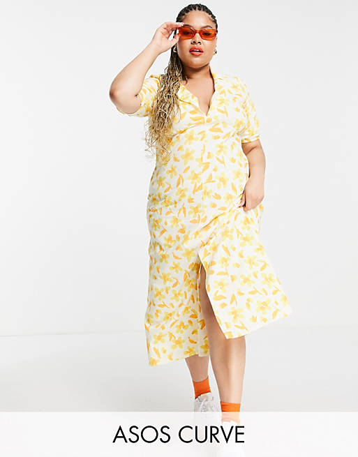 Women Curve ultimate midi tea dress in yellow floral print 