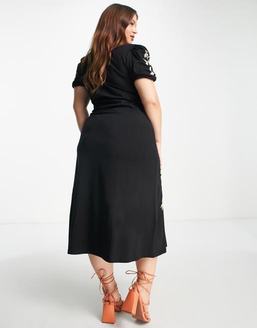 ASOS DESIGN Curve ultimate midi tea dress with collar and floral embroidery  in black | ASOS