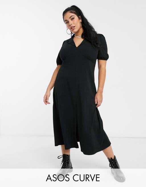 ASOS DESIGN Curve ultimate midi tea dress with collar in black | ASOS