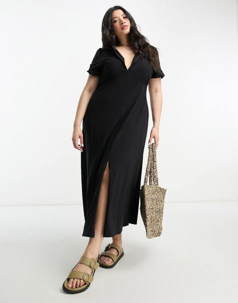 ASOS DESIGN Curve ultimate midi tea dress with collar in black - view 1