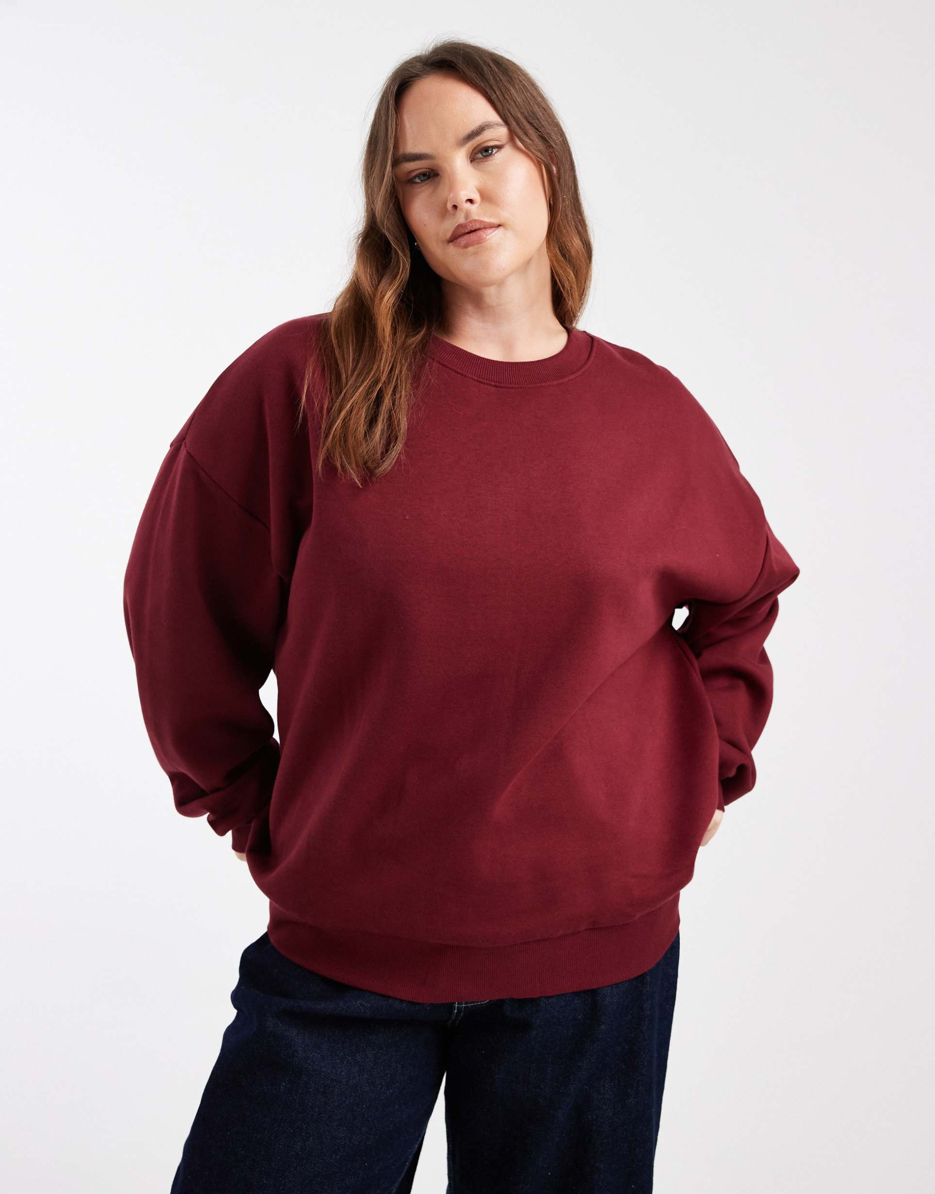 asos design curve ultimate oversized brushback sweatshirt in burgundy