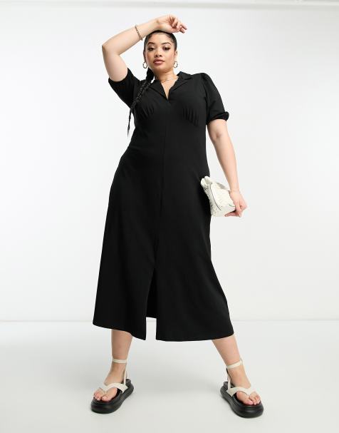 ASOS DESIGN Curve – Ultimate ~ Svart tea-klänning i midilängd med krage - view 1