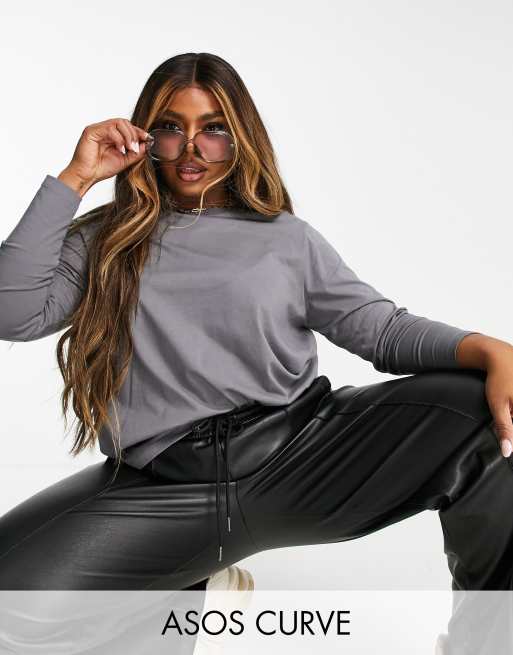 ASOS DESIGN Curve – Ultimate – Szary T-shirt z mieszanki bawełny z długim rękawem - GREY