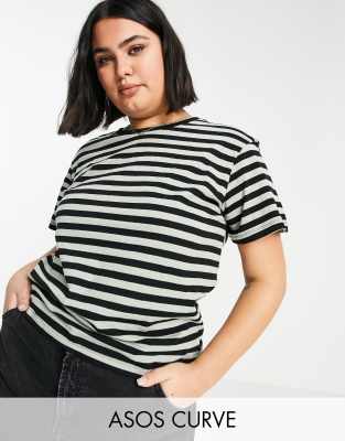 ASOS CURVE ASOS DESIGN CURVE ULTIMATE T-SHIRT IN BLACK AND KHAKI STRIPE-MULTI