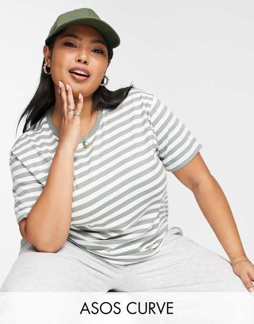 ASOS DESIGN Curve – Ultimate – T-shirt w paski w kolorze khaki i białym