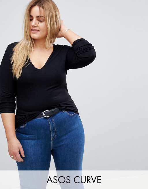 ASOS DESIGN Curve - Ultimate - Top a maniche lunghe con scollo a V nero